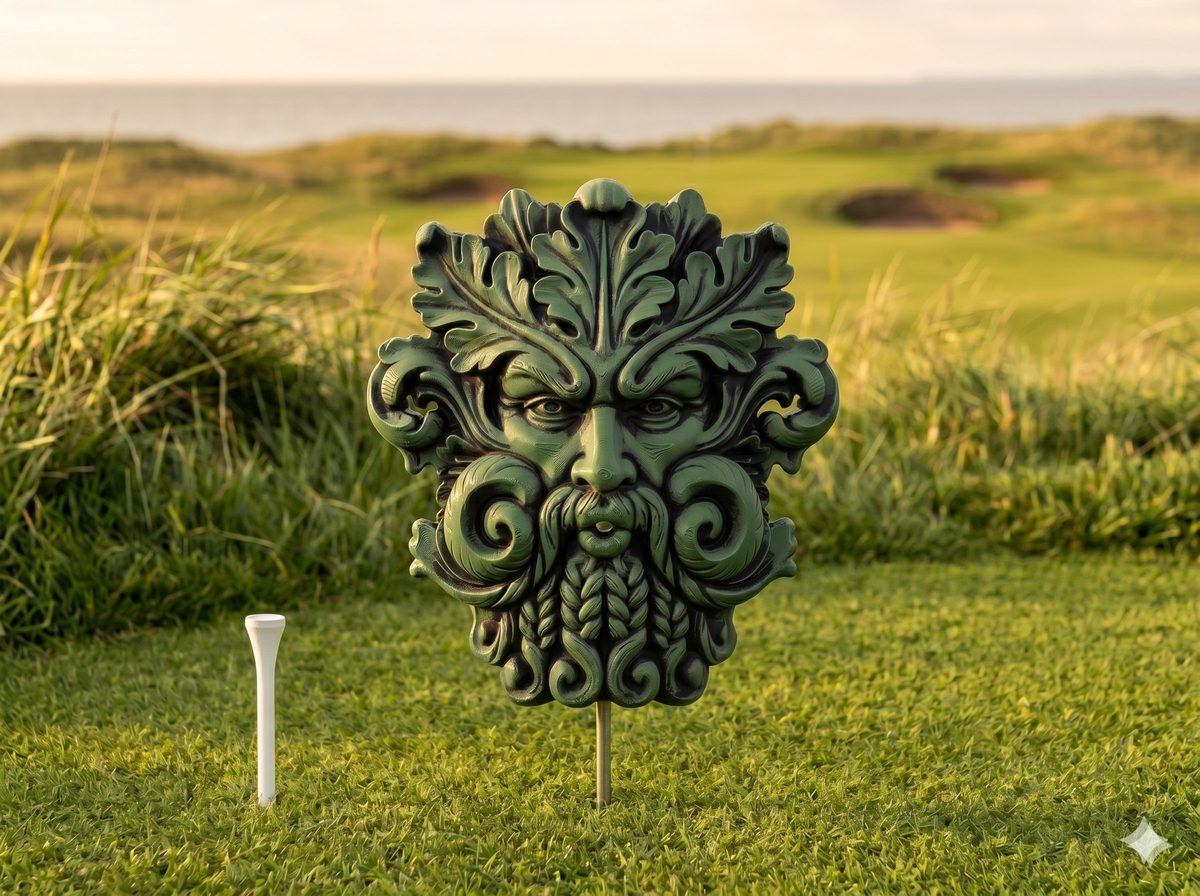 Whistling Straits Green Man marker staked in coastal-links tee box